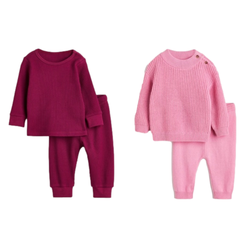 NEW H&M bundle Pink Sweater Matching Set + Maroon Waffle matching set - 6 months
